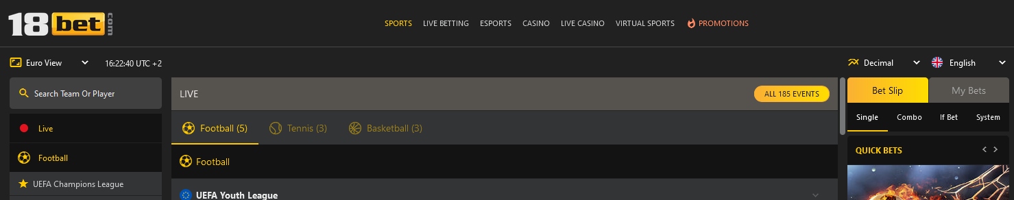 Banner atas laman web 18bet